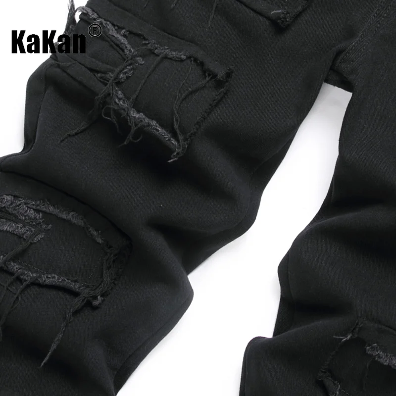 Kakan - European and American New Casual Slim Fit Small Foot Elastic Straight Leg Jeans for Men, Black Scratched Long Jeans9-010