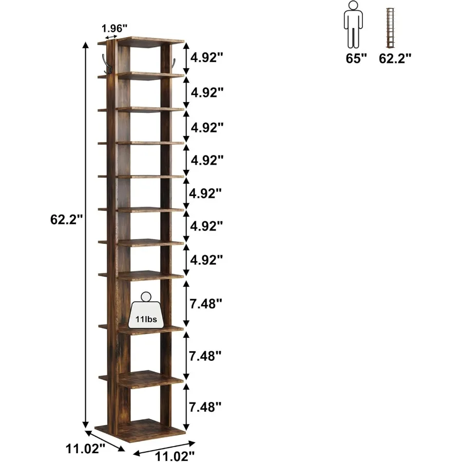 10Tier Vertical Shoe Rack Corner Shoe Tower Slim Shoe Organizer with Two Hanging Hooks Wooden Shoe Storage Stand for Entryway H