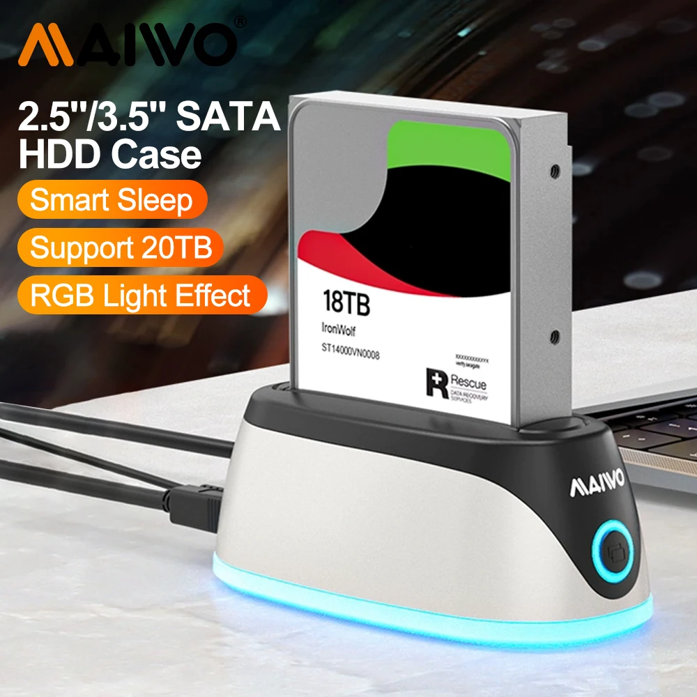 MAIWO RGB Hard Drive Docking Station USB 3.0 to SATA SSD HDD Case Base 2.5/3.5 inch SATA HDD/SSD Support 18TB Capacity UASP external hard drive case ssd enclosure hdd docking station