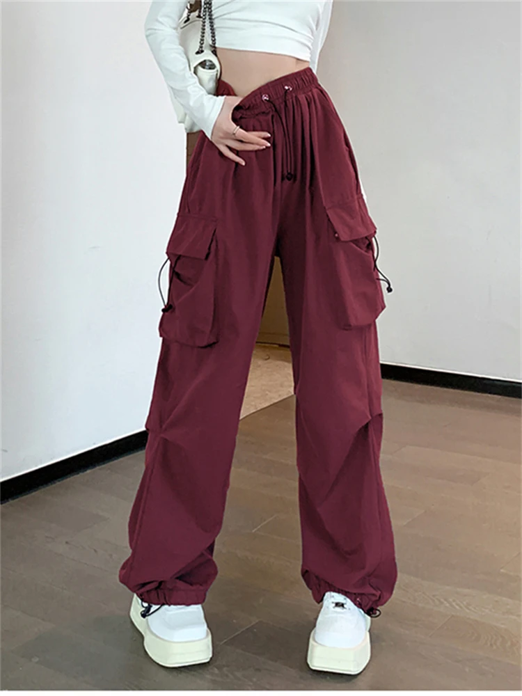 

Women's Drawstring Elastic Waist Large Pocket Cargo Sweatpants New Sports Style Pants Female Straight Black Trousers