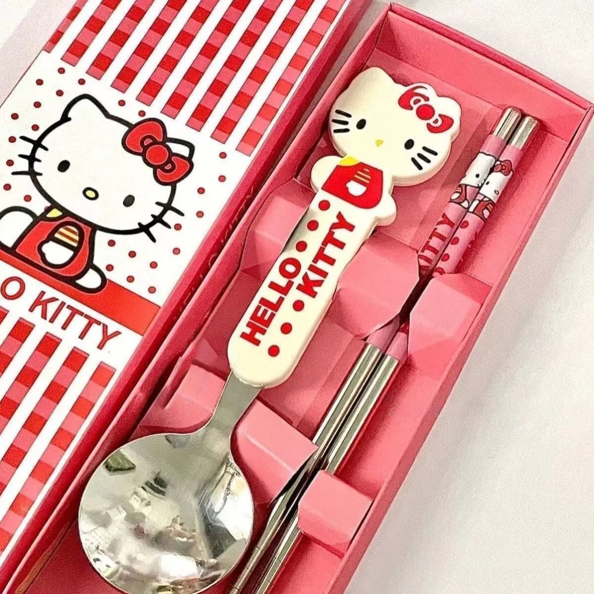 

Sanrioed Cute HelloKittys Kids Tableware Set Anime Cartoon Baby Meal Metal Spoon Fork Chopsticks Kawaii Tableware Children Gift