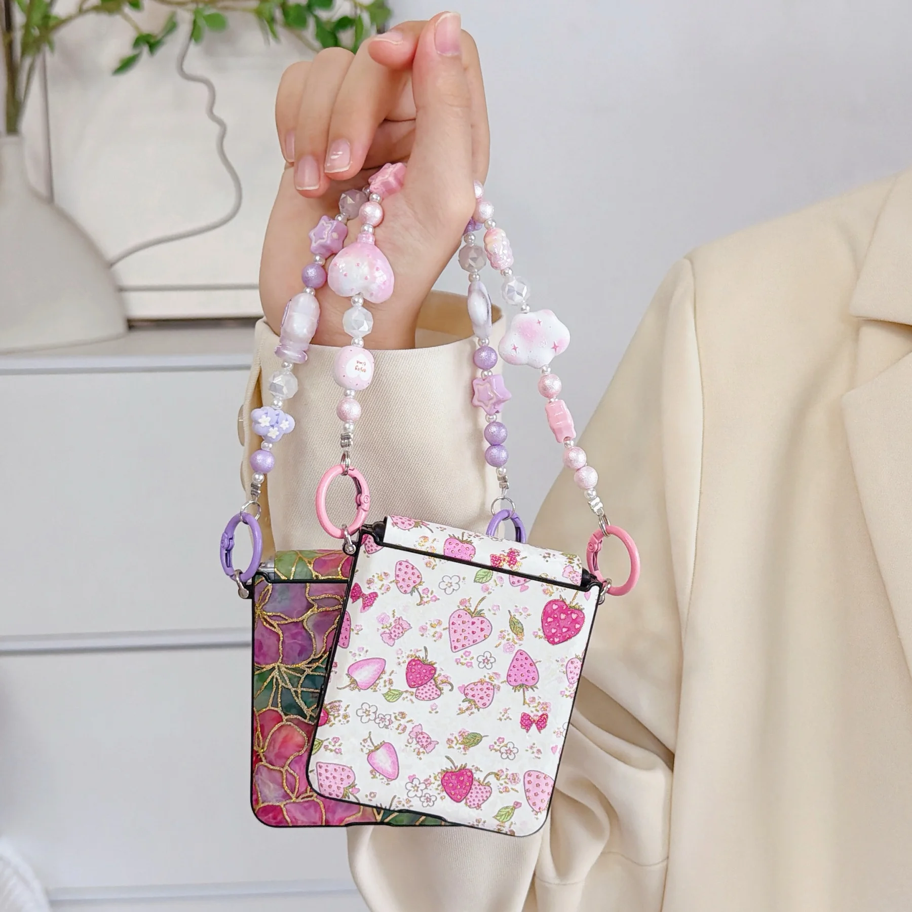 Chic Strawberry Flower Phone Case with Heart Charm Chain