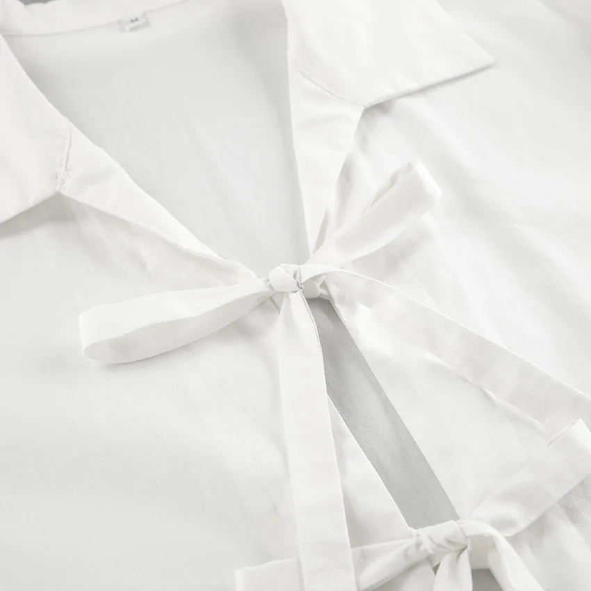 Blusa de gasa con cordones y aberturas para mujer, blusa de manga larga con solapa y parches, estilo vendaje, ropa de abrigo blanca para mujer