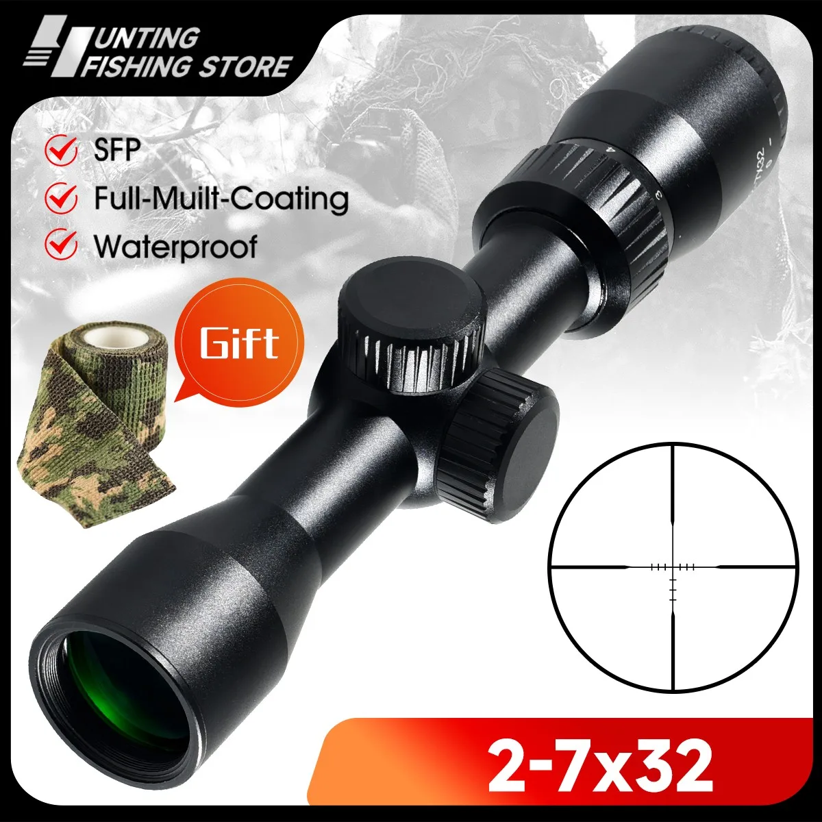 

2-7x32 SFP Tactical Rifle Scope with Cross Reticle and Parallax Adjustment Hunting Optics Riflescopes with Free 20mm Scope Rings