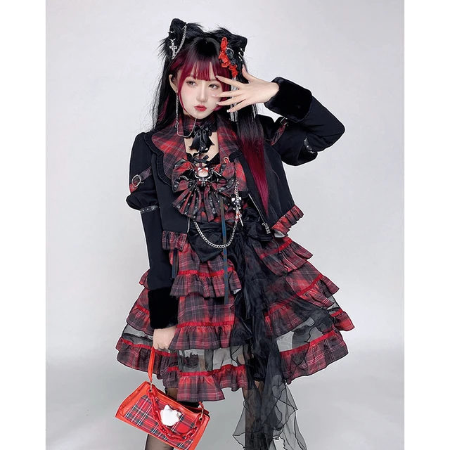 Women's Punk Lolita Red Tartan Short Coat