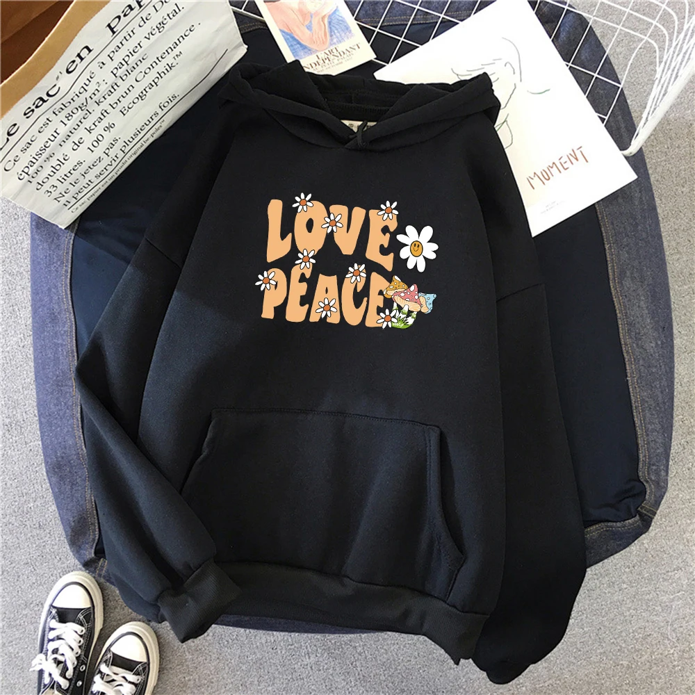 Love Peace Flowers Design Women Hoody Fashion Pocket Hoodies