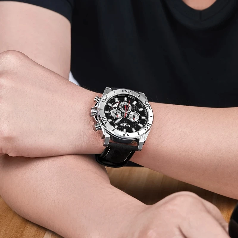 MEGIR New Sports Quartz Watch for Men Leather Waterproof Calendar Chronograph Watches Men Luminous Hands Clock Relogio Masculino
