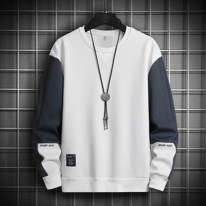 Spring Autumn Men's Solid Round Neck Patchwork Letter Printed Lantern Long Sleeve T-shirt Casual Sports Hoodies Vintage Tops