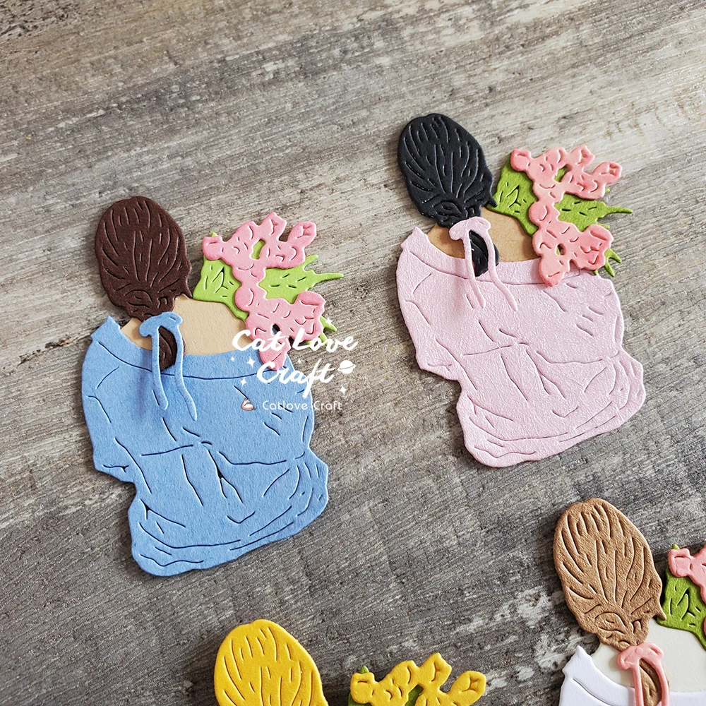 Catlove Mädchen mit Blumen, Rückansicht, Metall-Stanzformen, Scrapbooking, Schablone, gestanzte Kartenherstellung, DIY-Handwerk, Prägung, neue Stanzformen – Detail 7