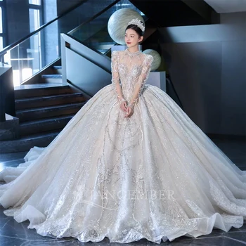 Customized Exquisite Wedding Dress O Neck Lace Ball Gown Beaded Applique Long Sleeve Crystal Bride Dresses Vestidos De Noiva