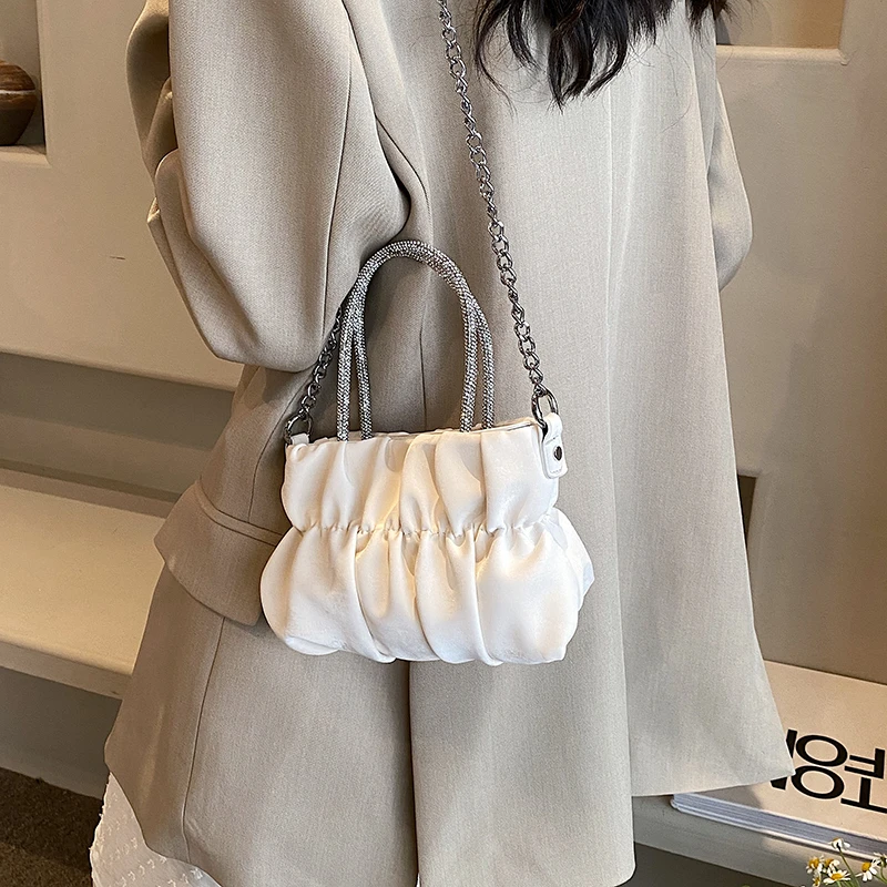 Women's Pleated Leather Chain Shoulder Bag Diamond Handbag Luxury Designer Crossbody Bag Brand Ladies Casual Tote Travel Bag