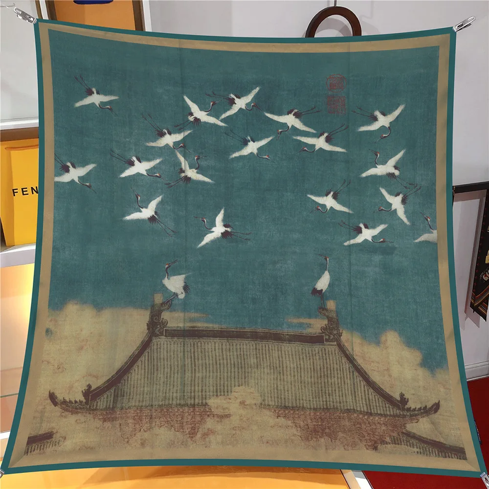 

Шарф из чистого шелка, Женская бандана, женский шарф для волос, благоприятный платок с Журавлями, оптовая продажа, шарф из натурального шелка разных размеров, подарок