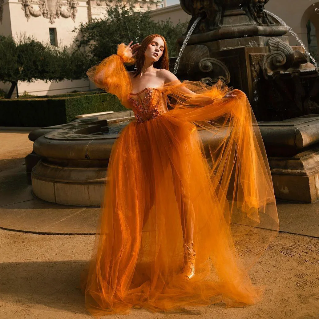 

Burnt Orange Elegant Prom Tulle Dress Off the Shoulder Corset Sexy See Thru Party Dresses Long Sheer Photo Shoots Dress Custom