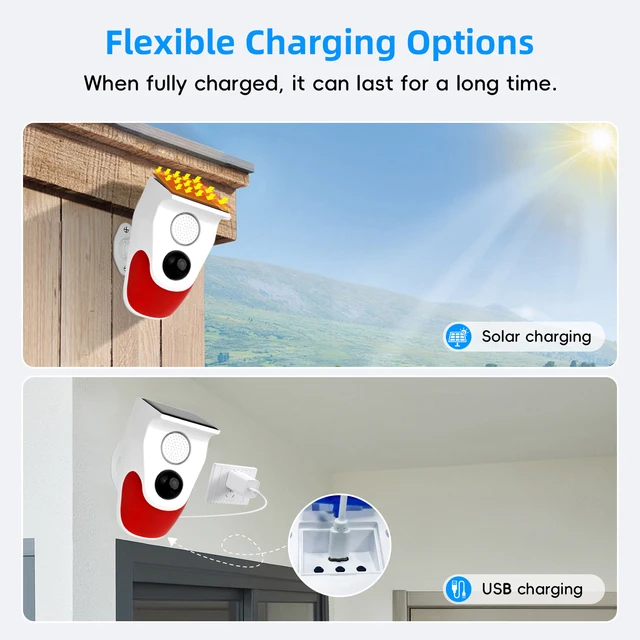 Outdoor Solar Alarm Motion Sensor Sound Light  Battery 120DB Siren Sound Alert Flash Strobe Security Alarm System 6