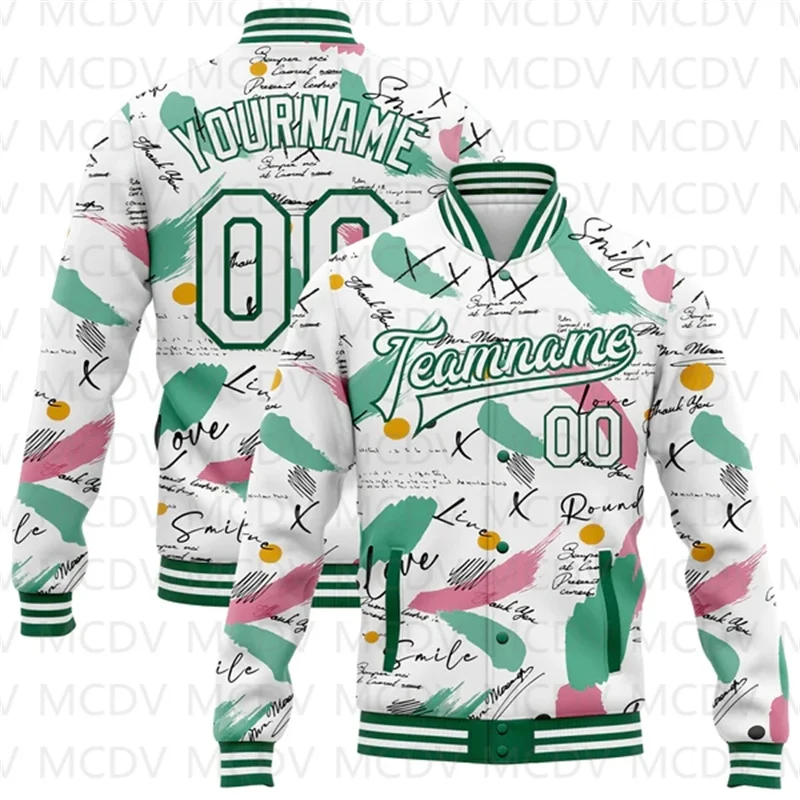 Custom Graffiti Pattern White-Kelly Green Grunge Art 3D Bomber Full-Snap Varsity Letterman Jacket