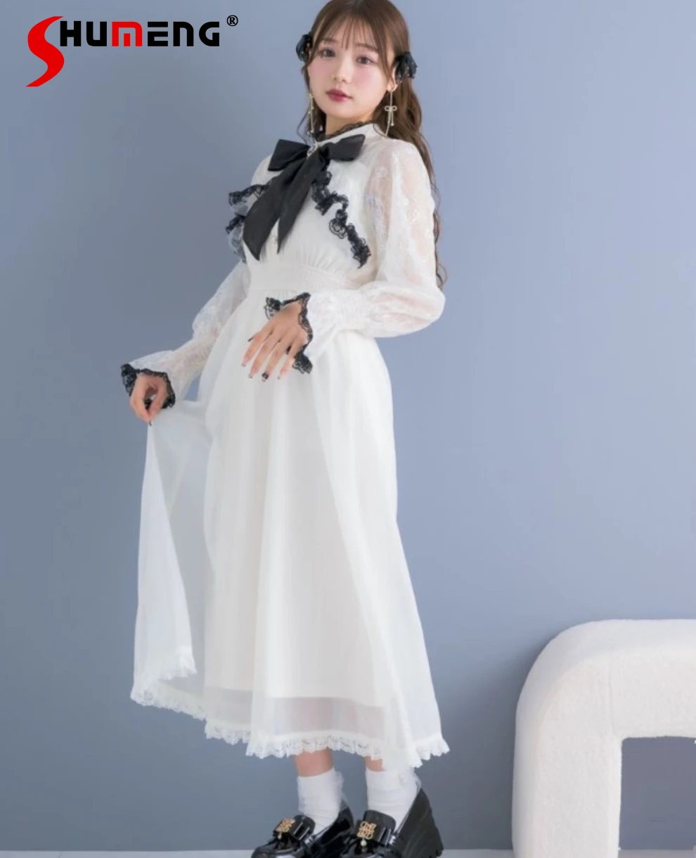 

Japanese Style Lolita Ruffled Long Dress for Women 2024 Spring New Temperament Floral Print Bow Long Puff Sleeve Blouse Dresses