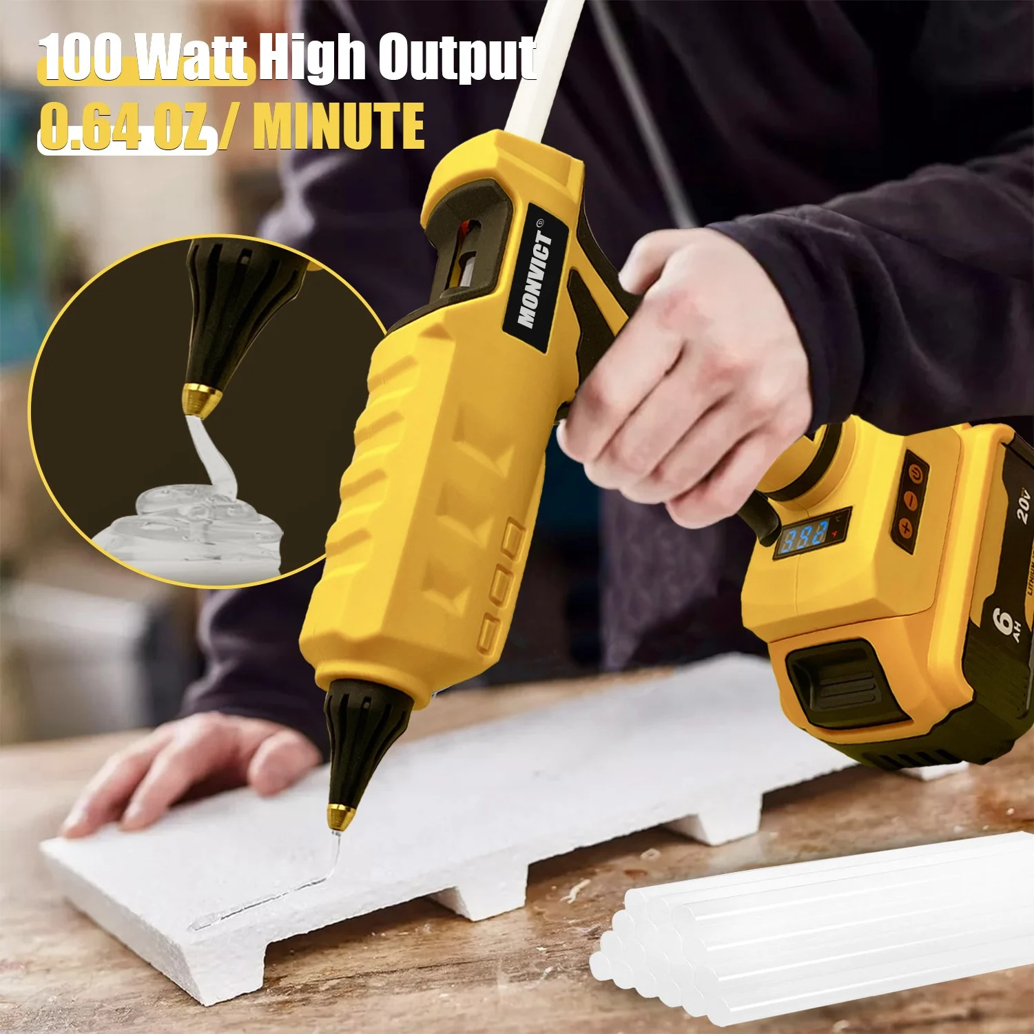 Upgraded 100W Cordless Glue Gun for Dewalt 20V Battery,  Digital Temperature Adjustable Full Size Heavy Duty with 10 Glue Sticks 4
