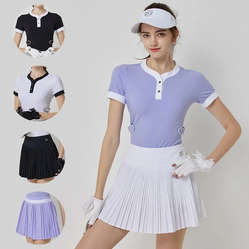 Blktee Woman Patchwork Short Sleeve Shirt Slim Fast Dry Golf T-shirt Anti-light Pleated Skirt High Waist Elegant Casual Skort