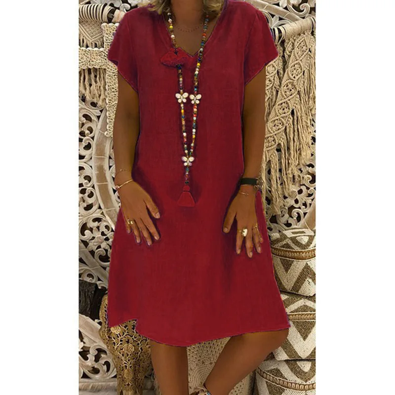 Pure-Color Short-Sleeved V-Neck Dress Eight Size Options Eleven Color Choices Popular Versatile Casual Dress 4