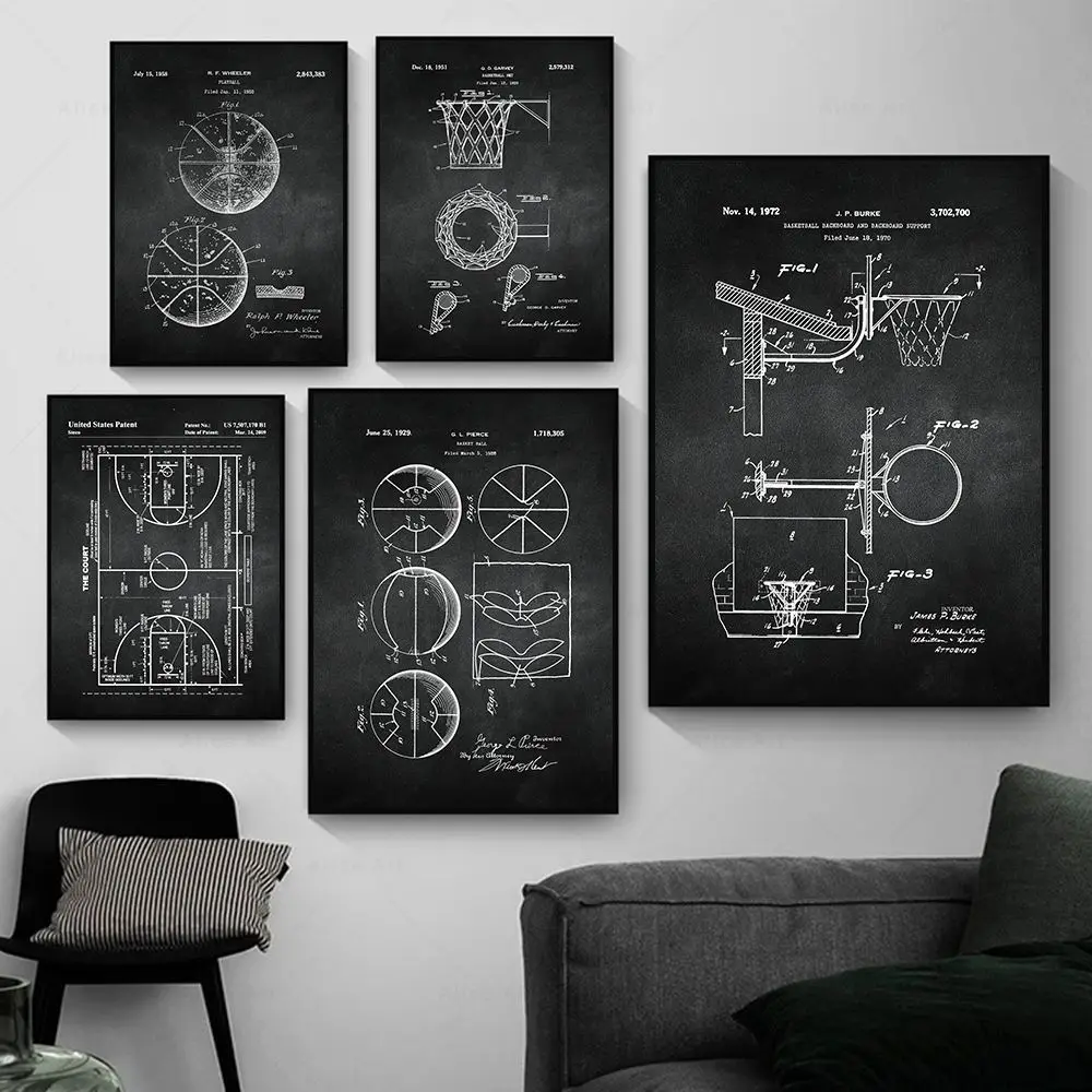 Basket Patent Poster Stampe Sport Basket Regali Canestro Da Basket, Palla, Tabellone Wall Art Canvas Painting Boys Room Decor