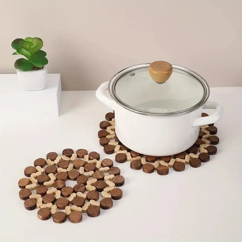 Bamboo Place Mat Insulated Non-Slip Wooden Kitchen Coffee Tea Pot Mat - Heat Resistant Hollow Design Dining Table Protector