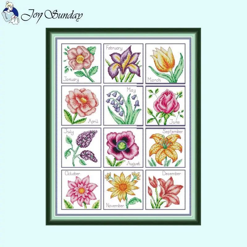 Twelve Months Flowers Cross Stitch 14CT 16CT 11CT White Canvas Print Fabric Embroidery Set DIY Floral Patterns Home Decor Crafts