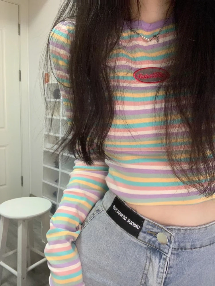 

Deeptown Y2K Aesthetic Vintage Striped T Shirts Women Harajuku Kpop Slim Crop Tops Korean Casual Long Sleeve Tees Grunge 2000s