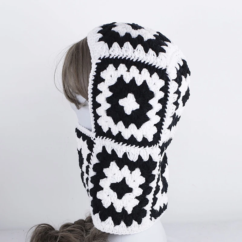 Autumn Winter Balaclava Hats for Women Handmade Crochet Knitted One-Piece Beanies Retro Floral Square Woolen Caps Earflap Bonnet 4