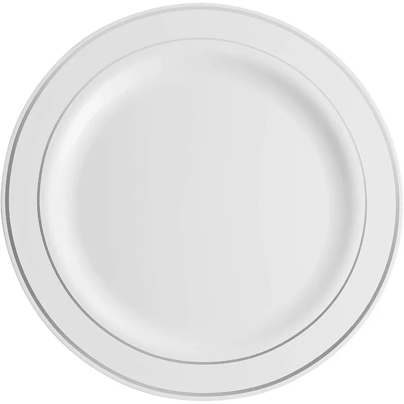 Plastic Party Plates White Silver Rim Premium Heavy Duty 10.25 Inch Dinner Plates Elegant Fancy Heavy Duty Disposable Party Tableware