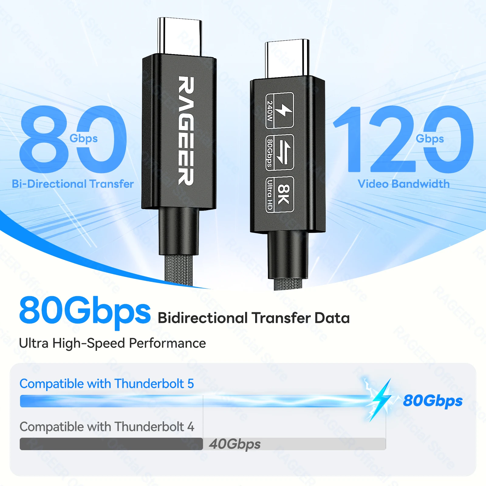 레이지어 썬더볼트 5 케이블 80Gbps 타입 C USB4 V2 E-마커 칩 16K/8K 비디오 지원 PD240W 디스플레이포트 2.1 나일론 편조 케이블 (맥용)