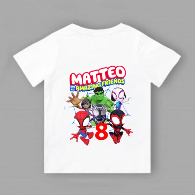 thumbnail image 1 of Camiseta de fiesta de cumpleaños para niño de Marvel Spider Man y sus buenos amigos, para niños de 2, 3, 4, 5, 6, 7, 8 y 9 años, personalizada, de verano, color blanco, 1 of 5
