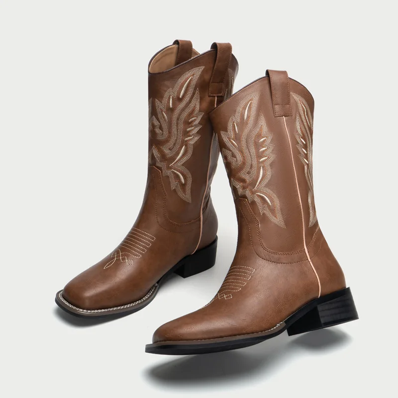 

New Western Boots Cowgirl Retro Chunky Heel Knight Boots Long Sleeve Embroidered Thread Mid-Calf Boots boots British Style