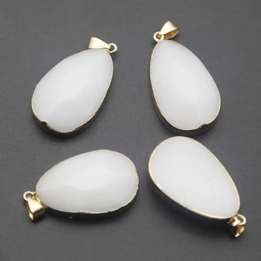 New Natural Stone White Jade Drop Pendant Gold Edge Charm Earrings Necklace DIY Jewelry Accessories Wholesale 6Pcs free shipping