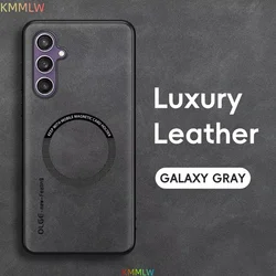 Luxury Leather Matte Phone Case with Car Magnetic Bracket Protector Cover - Galaxy A36 (Grey)