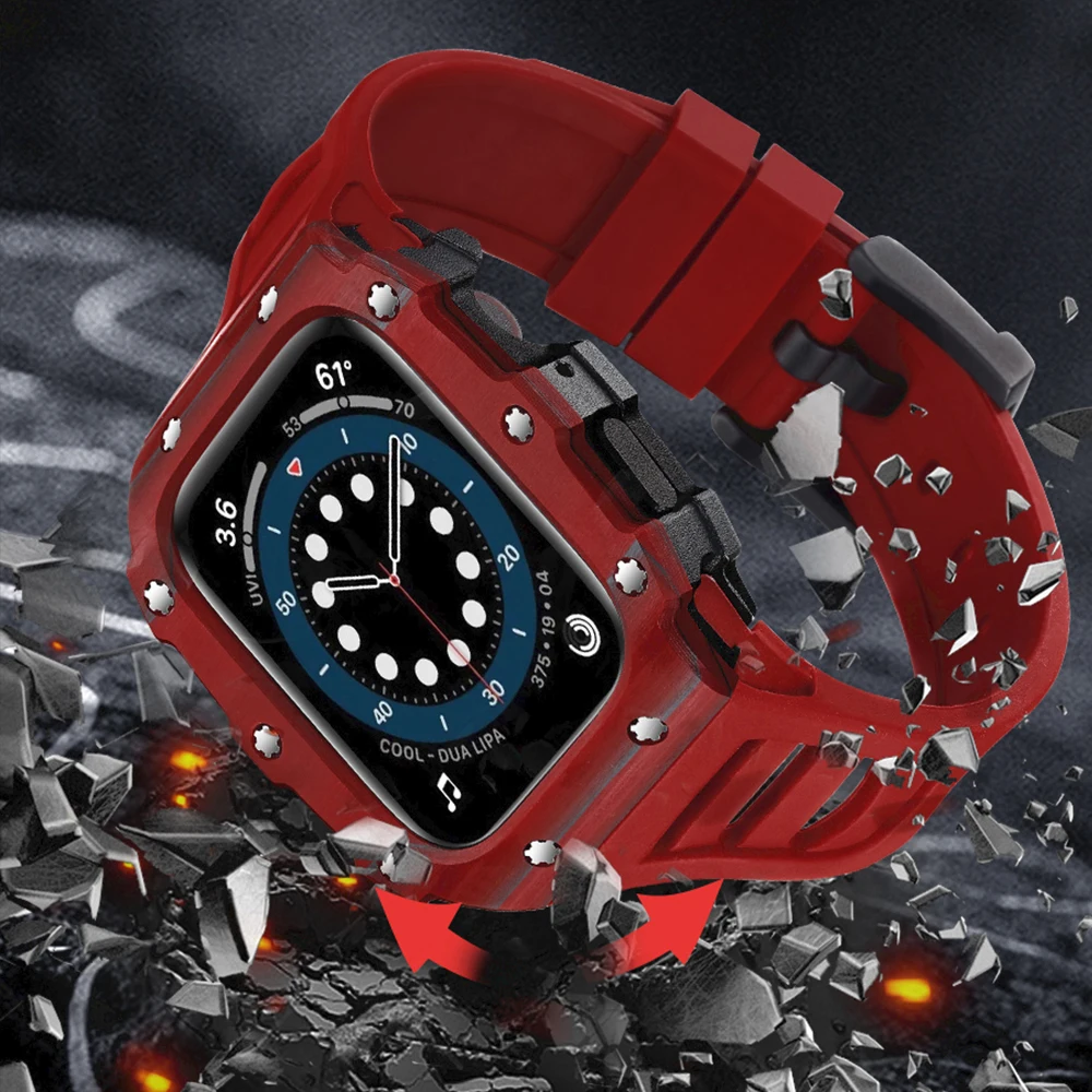 Modification Kit Strap for Apple Watch 8 7 6 5 4 SE Rubber Strap+Carbon Fiber/Ceramic Case for iWatch Series 45mm 44mm 40mm 41mm