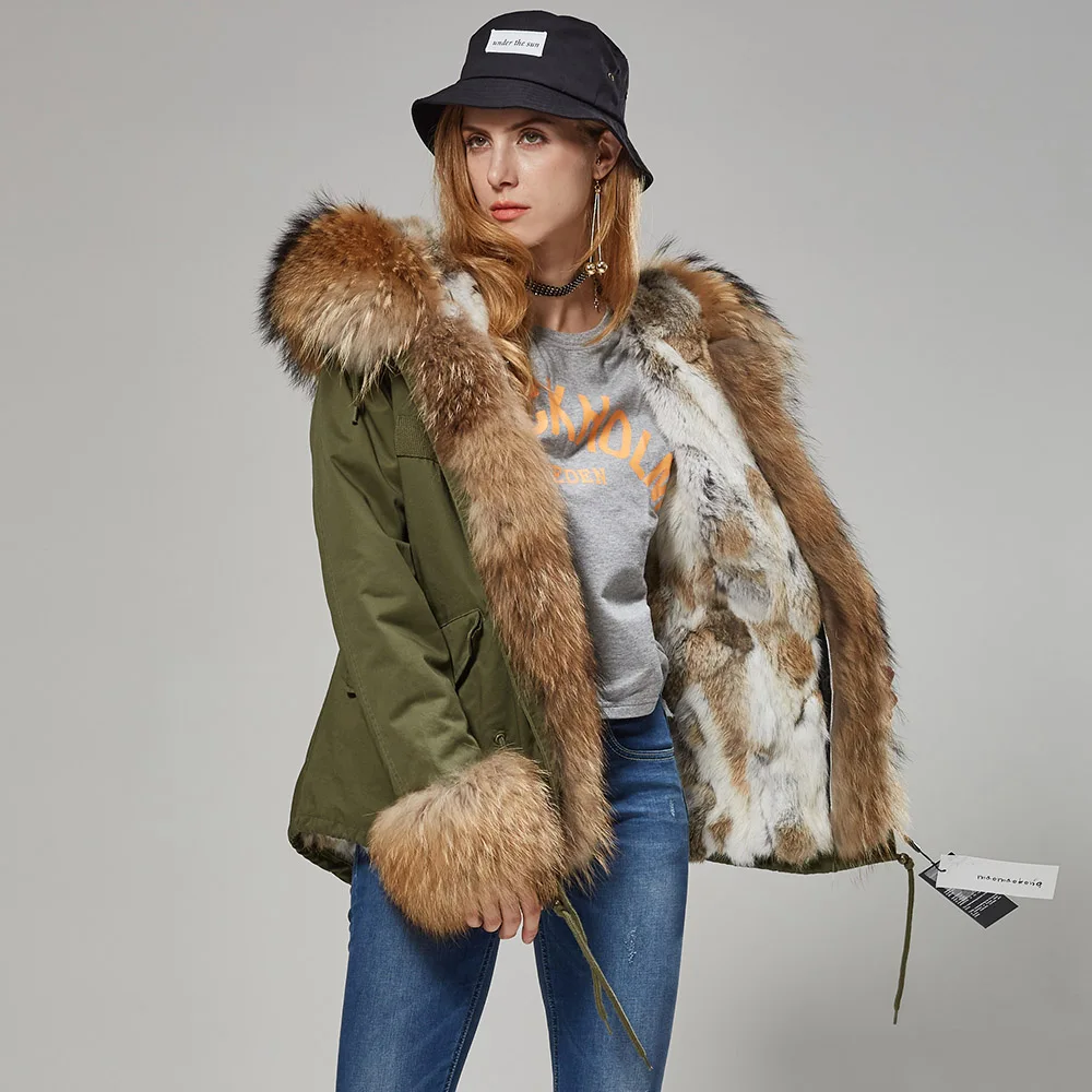Maomaokong Women Winter Coats Fur Coat Natural Real Rabbit Fur Lined Jacket Fox Raccoon Fur Collar Short Parka Female Clothing