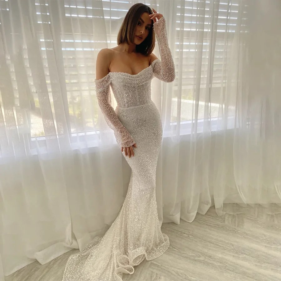 Evening Dresses Off-Shoulder Corset Three Quarter Sleeve Prom Dress Back Zipper Buttons