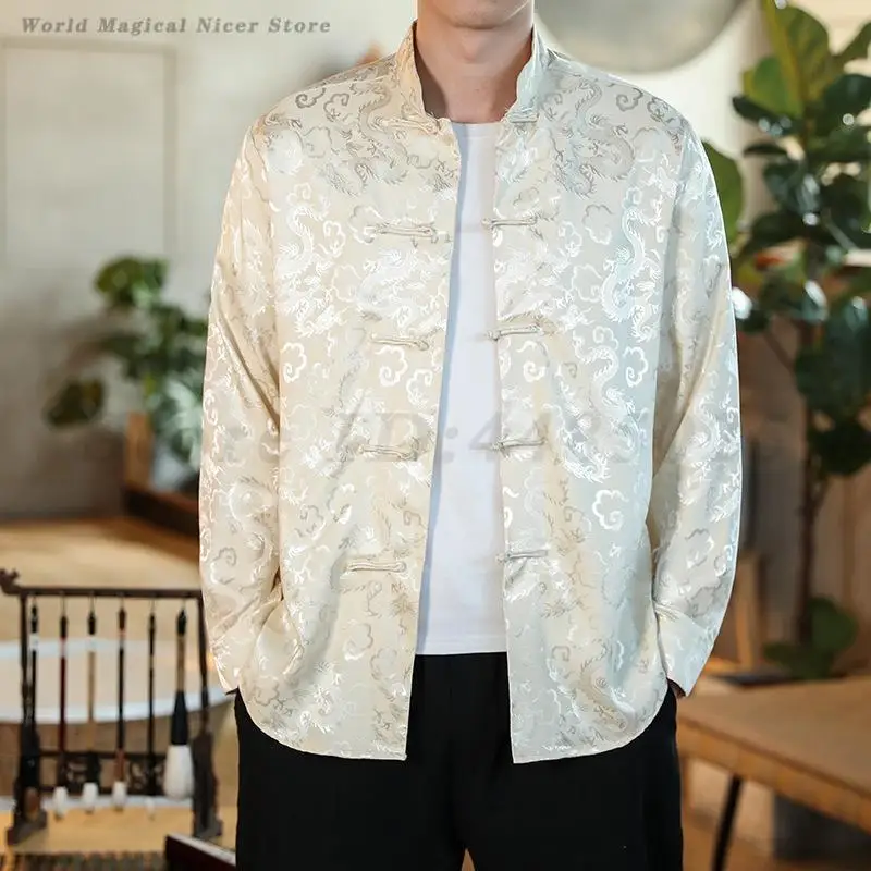 Men Chinese Dragon Shirt Coat Black Satin Mandarin Collar Tang Costume Top Large Size 5XL New Year Clothes Male Jackets Hanfu