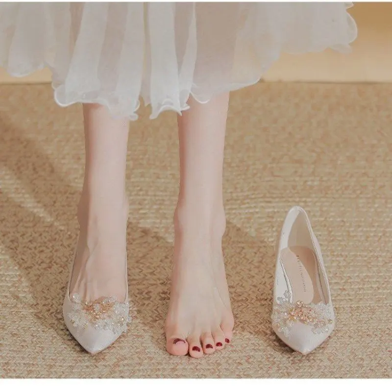 Spring Casual Wedding Bride Rhinestone Gold Fashion High Heels Metal Buckle Sexy Work Shoes Size 35-40 Female Shoe High Heel