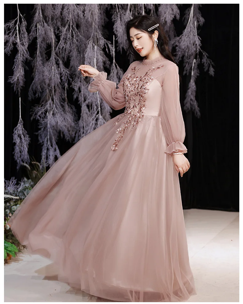 long sleeve maxi dress formal Evening Dresses For Women Elegant O-Neck A-Line Floor-Length Tulle Long Sleeve Prom Gowns With Appliques long sleeve maxi dress formal