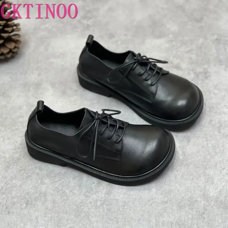 

GKTINOO Platform Shoes Women Genuine Cow Leather Round Toe Sewing Lace-Up Flats Chunky Sole Ladies Low Heels Shoes Handmade