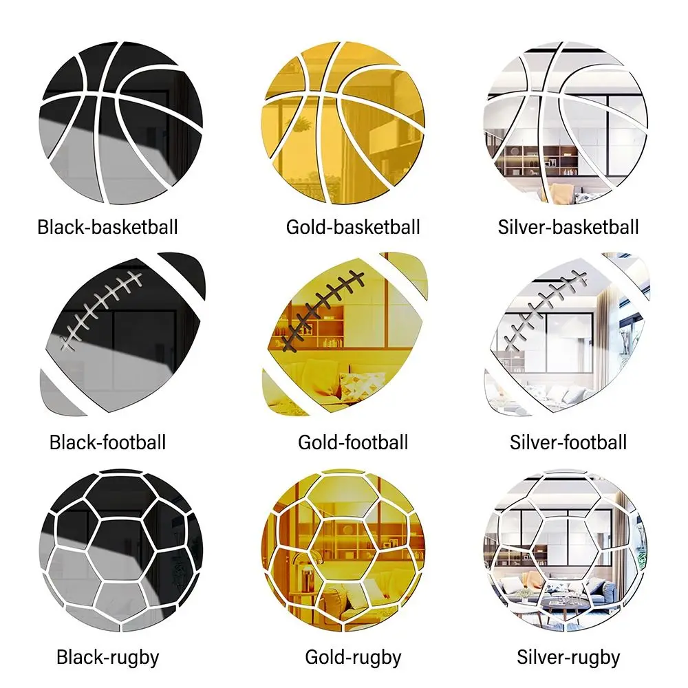 Modern Style 3D Basketball/Football/Rugby Shaped Mirror Wall Sticker Gold/Silver/Black Wall Art Waterproof PVC Mirror Decal 1Set
