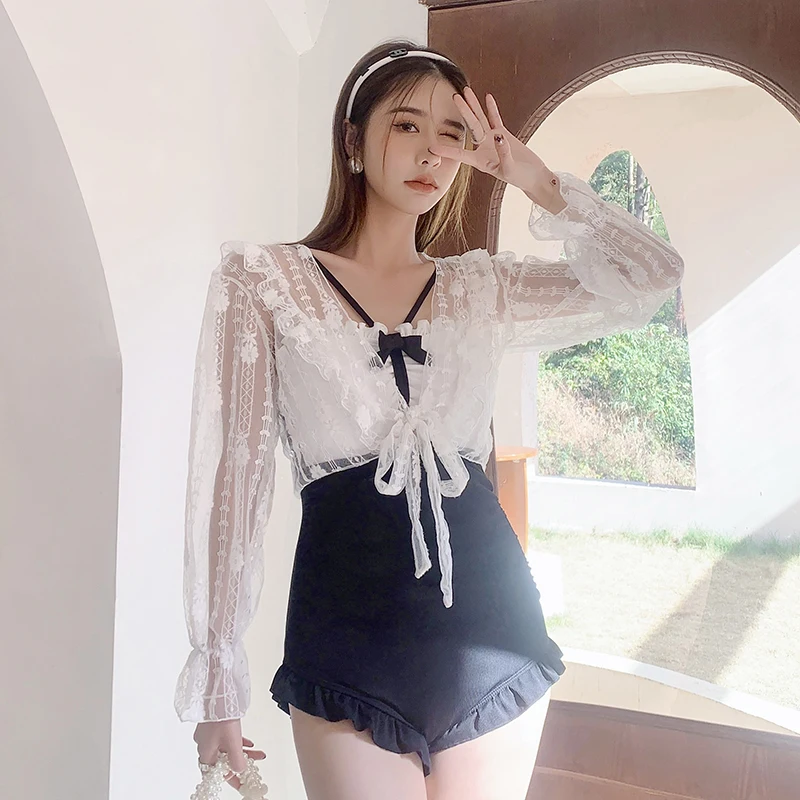 

Two Pieces Swimsuit Women 2023 Hollow Out Backless Lace Swimwear Women Mesh Long Shawl Push Up Bodysuit Beach Wear Tankini