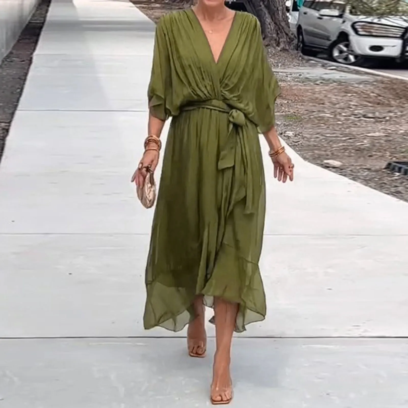 thumbnail image 1 of Vestido elegante con cinturón y cordones para mujer, vestido sexy de corte A con escote en V, manga corta, irregular, vestido de moda, drapeado, liso, estilo bohemio, midi, 1 of 4