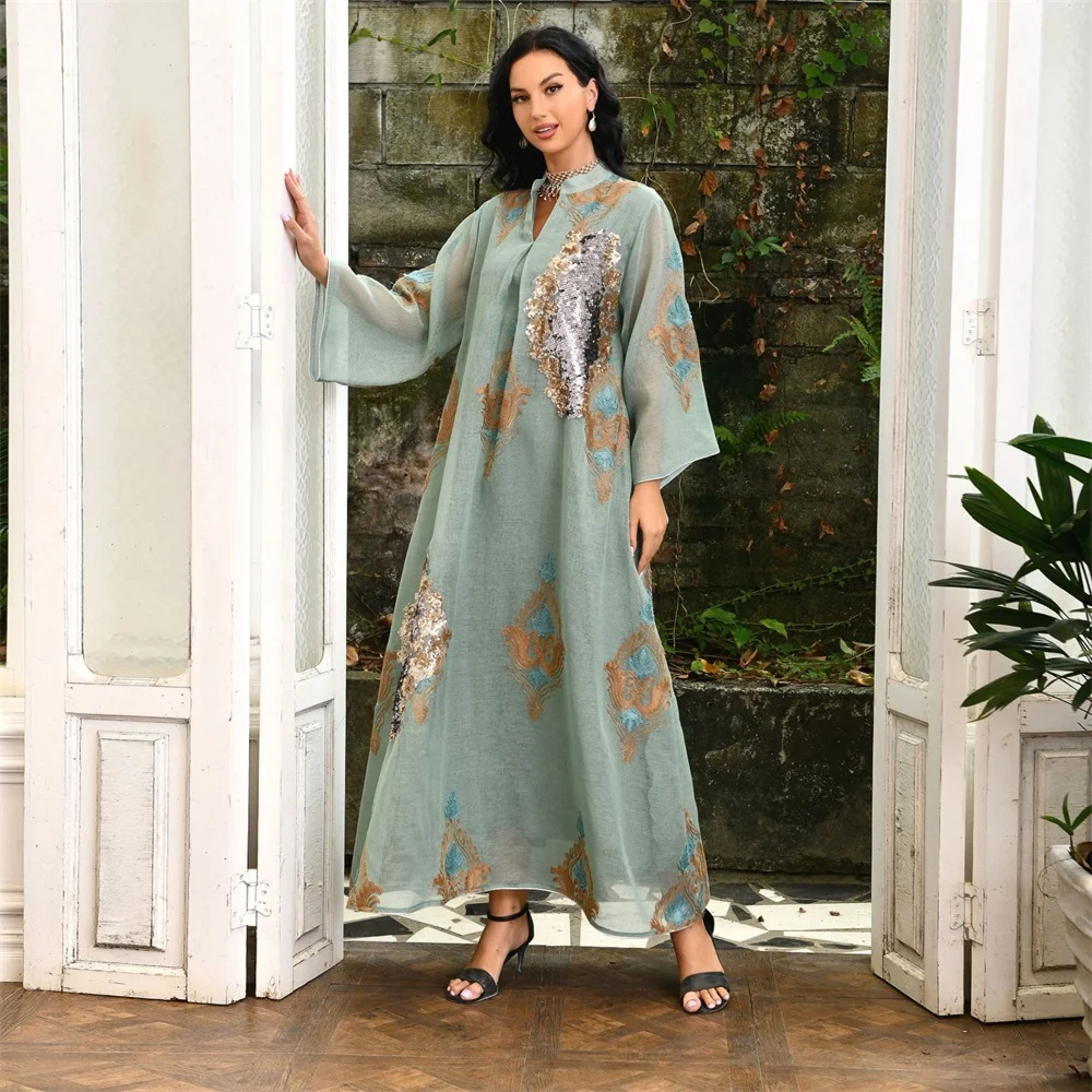 Long Dresses For Women Muslim Abayat Sequins Embroidered Casual Loose Ladies Dress Moroccan Kaftan 2022 Jalabiya Robe