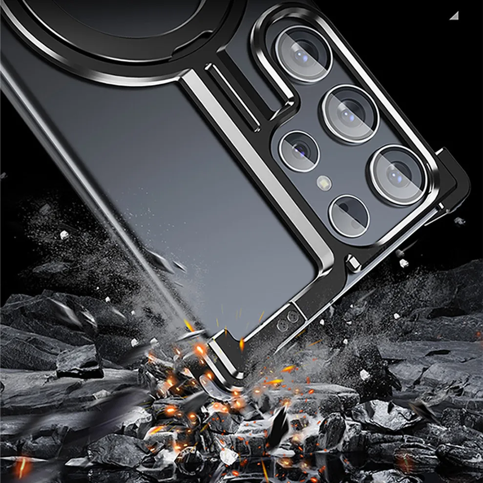 Aerospace Aluminum Hollow Airbag Corner Magsafe Case For Samsung Galaxy S24 Ultra Plus Metal Ring Bracket Holder Frameless Cover