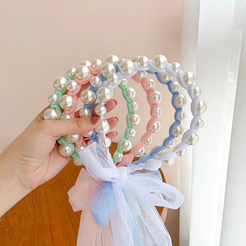 Children Pearl Ribbon Hair Hoop Cute Girl Mesh Headband Sweet Bow Decoration Hair Accessory Party Performance Gifts