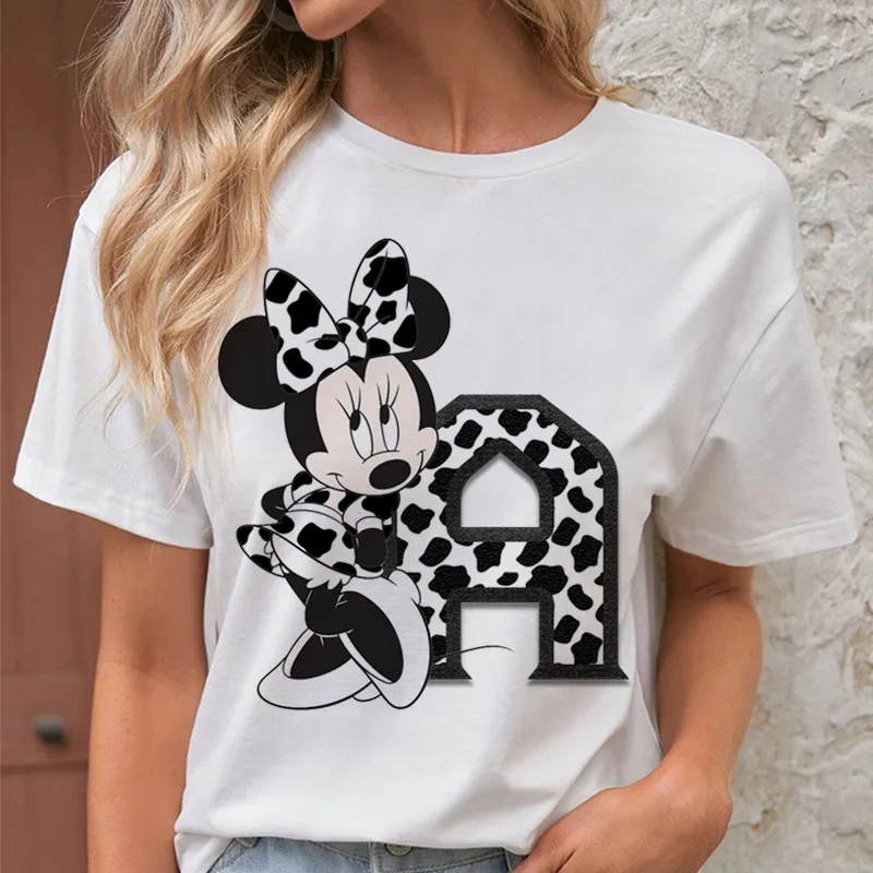 Disney Cute Minnie Mouse Magliette Donna Nome Personalizzato Lettere Magliette Stampate Femminili Minnie Mouse Lettere Font Top White Tees