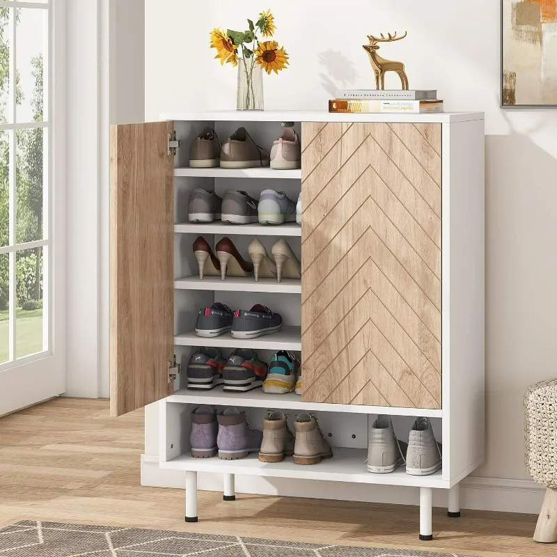 

Shoe Cabinet, 18 Pair Rack Organizer Cabinet with Door, 6-Tier Modern Storage Shelves for Entryway Hallway Closet