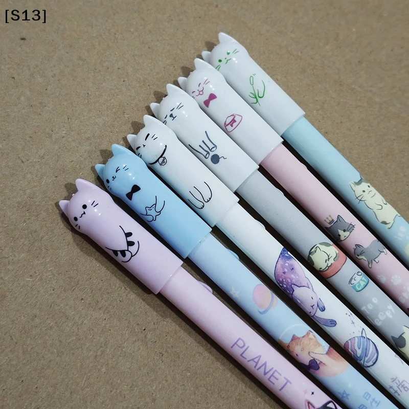 6Pcs 학생 교사 선물 0.5mm 귀여운 고양이 꼬리 지울 수있는 젤 펜 세트 블루 매직 리필 학교 사무실 카와이 쓰기 문구 Q @